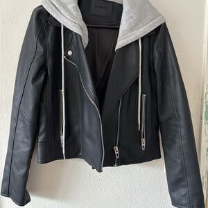 Black Leather Jacket with Gray Hood